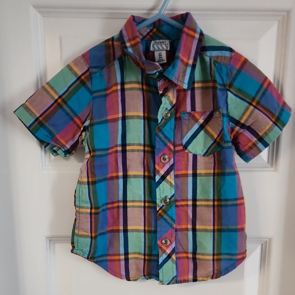 Old Navy Blue and Green Button Down Shirt Vibrant Plaid